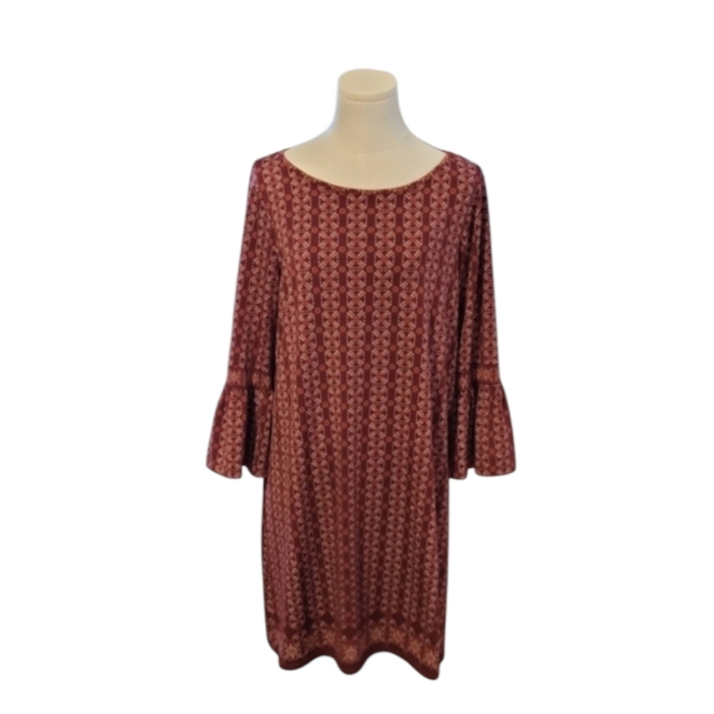 Max Studio Aztec Native American Rust Red Yellow Bell Sleeve Dress Size Small